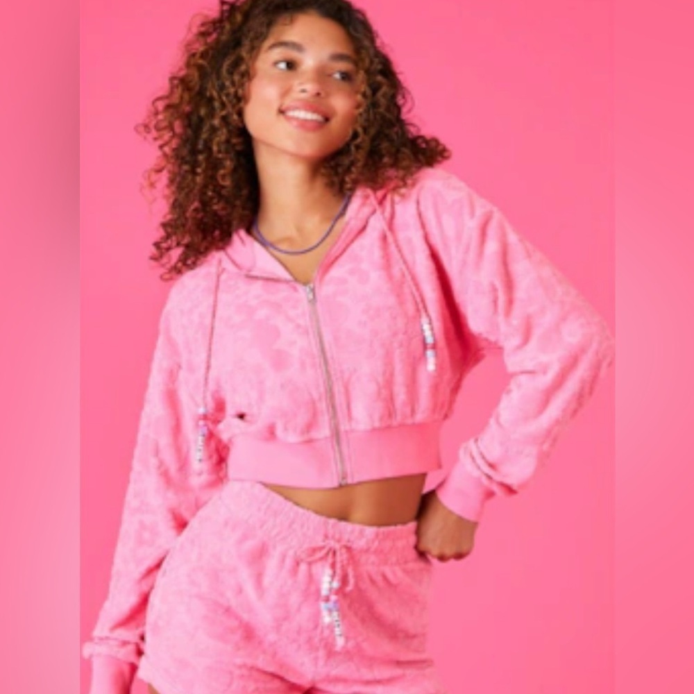 BARBIE x Forever 21 terry jacquard floral cropped full zip hoodie, pink, L, NWT